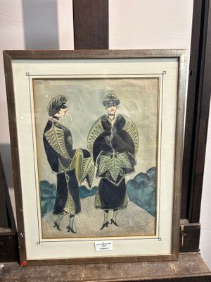 une image représentant un tableau où l'on voit deux femmes avec des parapluies posées sur une étagère
