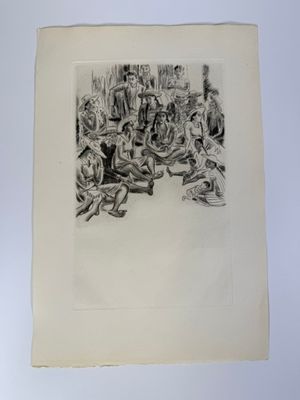 un dessin en noir et blanc représentant un groupe de personnes assises par terre