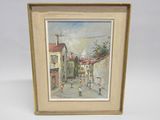 tableau représentant une scène de rue, encadré, sur fond blanc