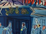 a painting of a group of people standing outside of a building