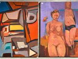 two paintings of a woman standing next to a man in a bathing suit