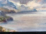 a painting of a boat on the water with mountains in the background