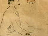 an old drawing of a man sitting on a chair with a fan in his hand