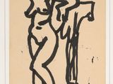 une image représentant le dessin d'une femme debout à côté d'une statue