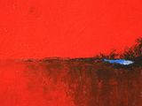 an oil painting of a blue bird sitting on a red wall