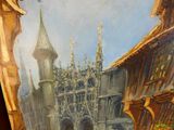 un tableau représentant un bâtiment surmonté d'une tour horloge
