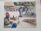 un tableau représentant un homme assis à une table devant un groupe de personnes