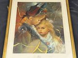 framed picture of a painting of a boy and a girl with a bird on his shoulder