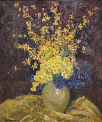 painting of yellow and blue flowers in a green vase on a yellow cloth
