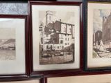 three framed pictures of a building and a train