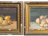 deux tableaux représentant des fruits posés sur une table, avec un cadre doré