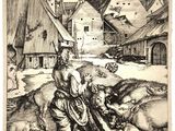 an image of a drawing of a man with animals in a village