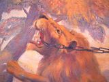 a painting of a lion that is chained to a tree