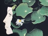 a painting of a woman ' s face with a flower in her hair