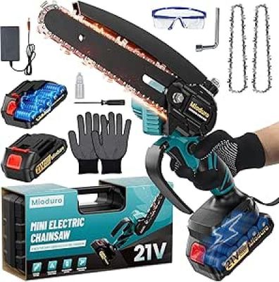 a person holding a chainsaw and a box of tools