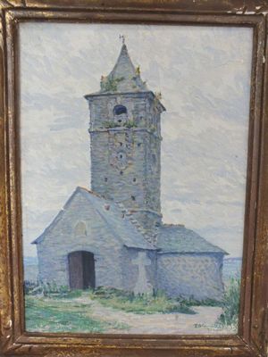 une peinture à l'huile représentant une église avec un clocher, située sur une colline