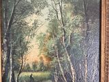 an oil painting of a wooded scene with trees and a stream