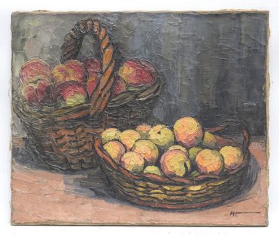 painting of a basket of apples and a basket of apples on a table