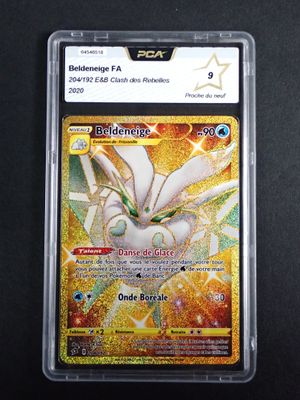 a close up of a pokemon card in a plastic case