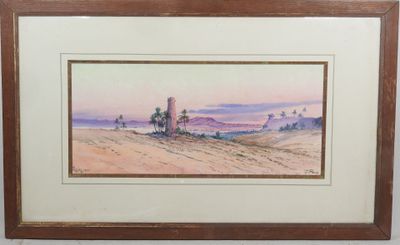 aquarelle encadrée représentant un paysage désertique avec des palmiers au premier plan