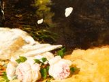 a painting of a swan laying on the ground next to flowers