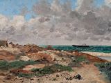 une image représentant une peinture d'une scène de plage avec un bateau au loin