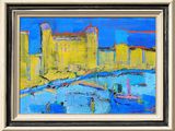 an oil painting of a cityscape with boats in the water