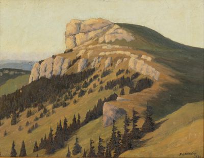 an image of a painting of a mountain with trees in the foreground