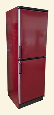 an image of a red refrigerator against a white background