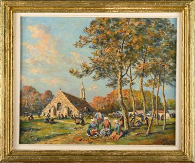 une image représentant un tableau représentant une scène de village avec une église en arrière-plan