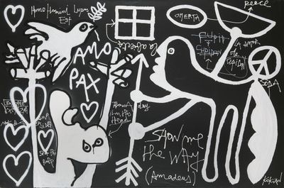 un dessin en noir et blanc sur un tableau noir, sur lequel figurent des inscriptions