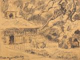 drawing of a mountain scene with a house and a cow