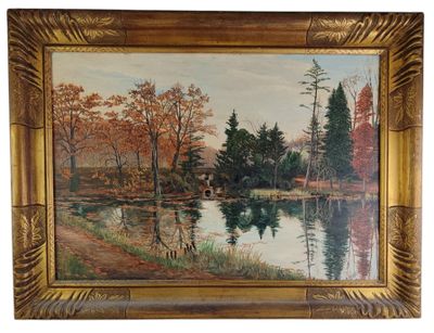 un tableau représentant un lac avec des arbres et une maison en arrière-plan