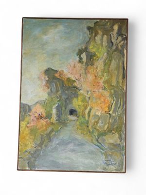 an oil painting of a mountain scene with a river in the foreground