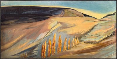 une peinture à l'huile représentant un paysage avec des collines et des arbres au premier plan