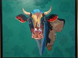 a painting of a cow with horns on a green background