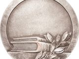 silver medal with a book and olive branch on it on a white background