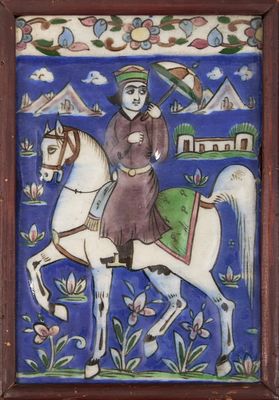 tableau représentant un homme à cheval dans un champ fleuri