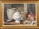 a picture of a painting of a still life with pots and other items