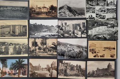 several old photos of a bunch of buildings and palm trees
