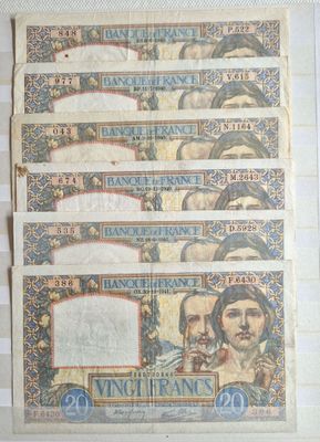 20 francs Travail et Science , lot de 6 dates différentes, T…