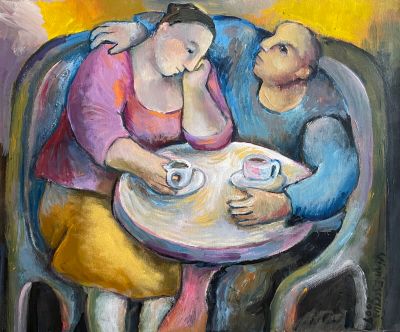 une peinture représentant un homme et une femme assis à une table