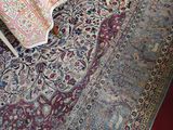 un chat assis sur un tapis sous une table