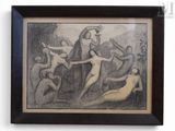 framed drawing of a group of nudes dancing in a wooded setting