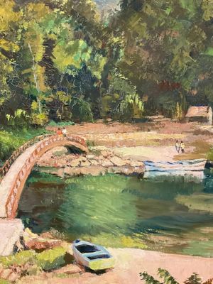a painting of a bridge over a body of water