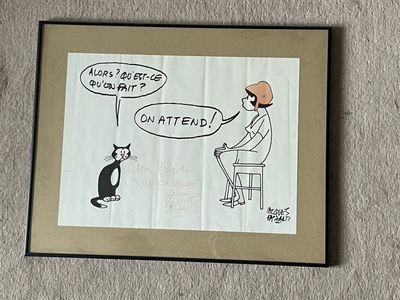 a drawing of a man sitting on a chair with a cat