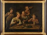 tableau représentant un groupe d'enfants assis autour d'une table en train de manger
