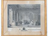an old picture of a drawing of a room with people in it