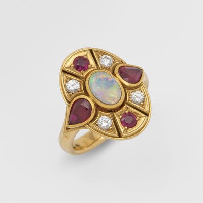 an oplite, ruby and diamond ring