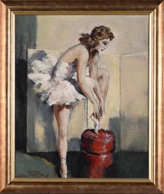 tableau représentant une femme en tutu penchée au-dessus d'une borne d'incendie rouge